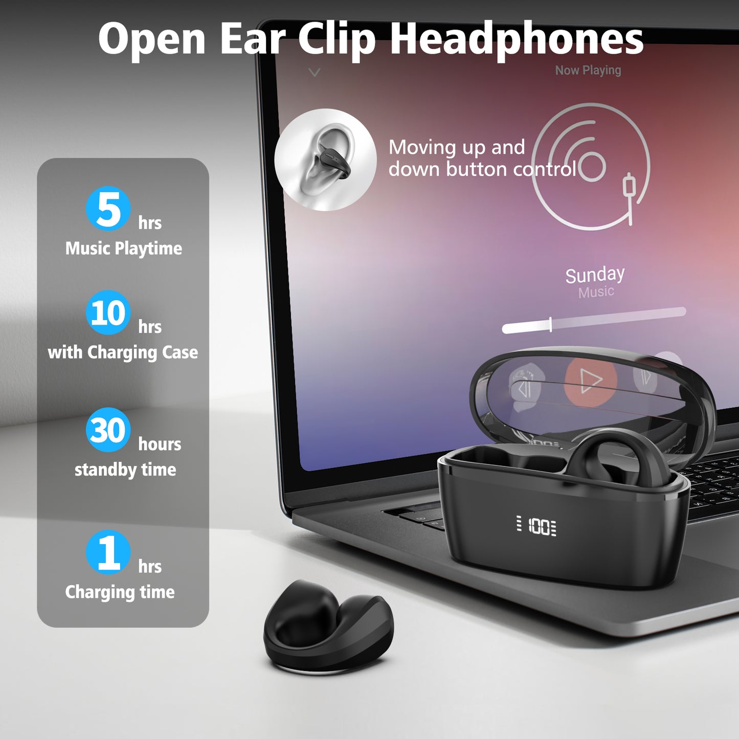 CelsusSound S600 Open Ear Clip Headphones, Wireless Earbuds Bluetooth 5.3 Sports Earphones Built-in Mic with Earphones Charging Case(Black)