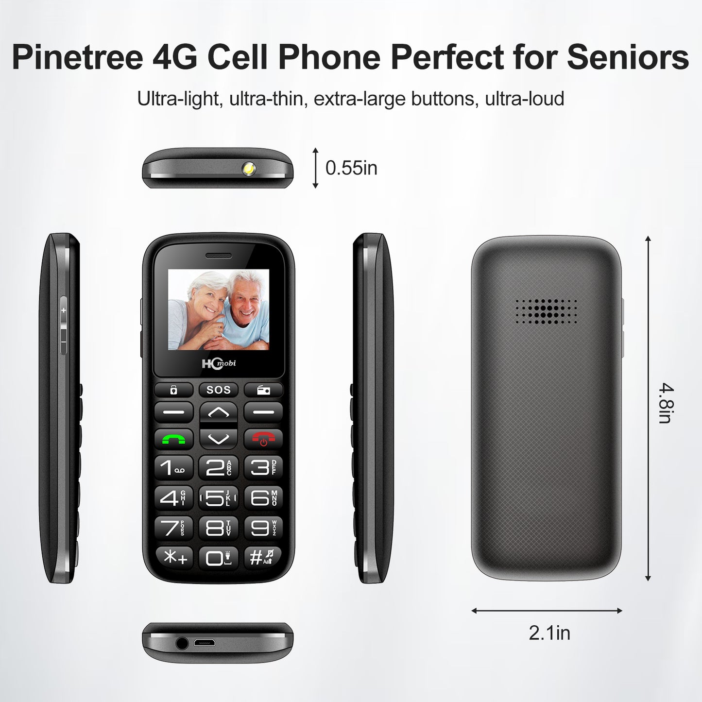 HCMOBI RS1 Unlocked Elderly Mobile Phone, SOS,4G-LTE Big Button Cell Phone for Seniors,Loud Speaker Dual SIM Senior Phone with Bluetooth5.0,1000mAh Large Capacity, FM,10 Days Standby, Type-C (Black)