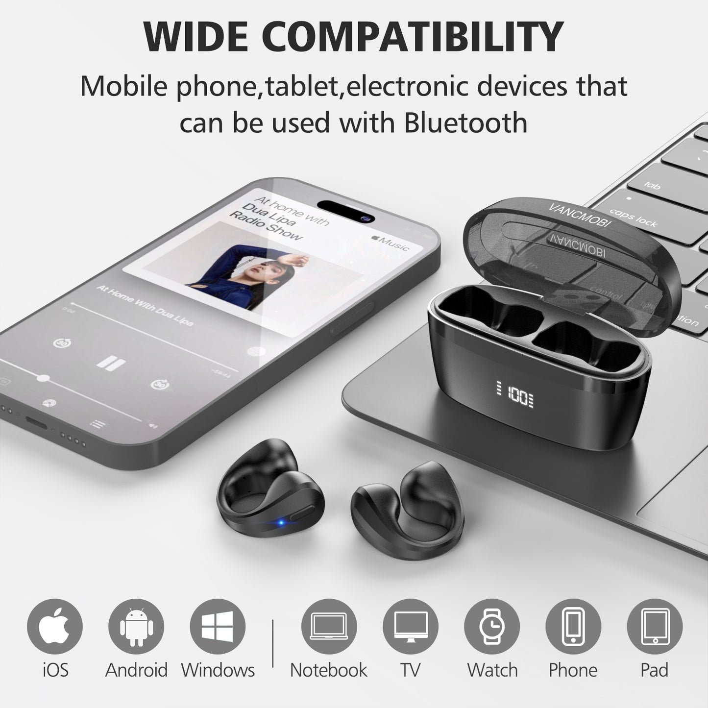 CelsusSound S600 Open Ear Clip Headphones, Wireless Earbuds Bluetooth 5.3 Sports Earphones Built-in Mic with Earphones Charging Case(Black)