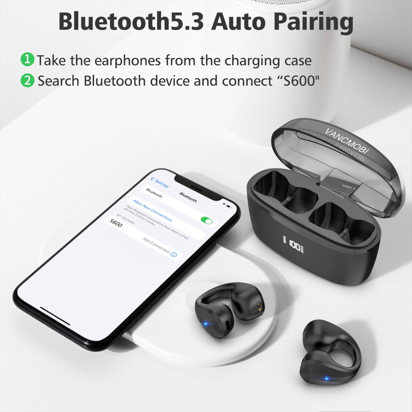 CelsusSound S600 Open Ear Clip Headphones, Wireless Earbuds Bluetooth 5.3 Sports Earphones Built-in Mic with Earphones Charging Case(Black)