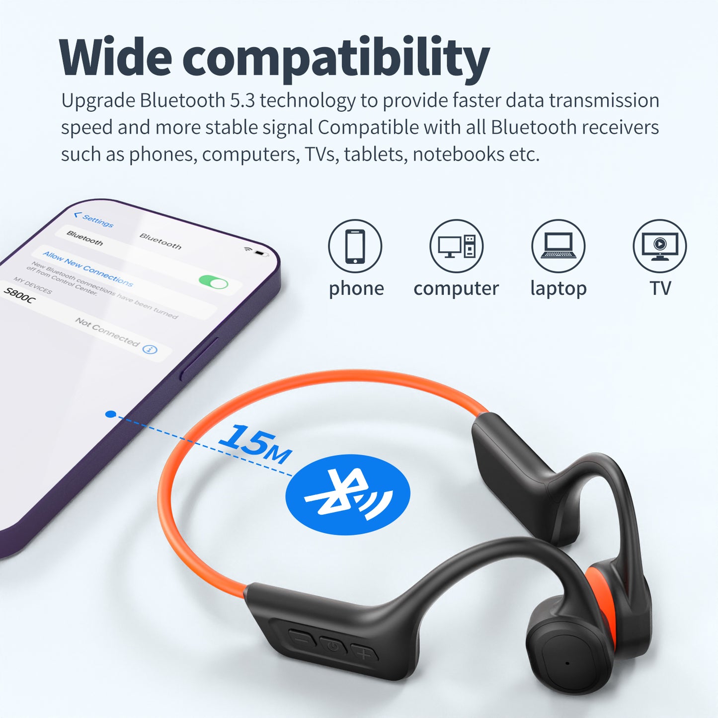 CelsusSound S800C Bone Conduction Headphones, Open-Ear Bluetooth 5.3 Headphones with Mic, IPX7 Waterproof Sports Earbuds Wireless Earphones for Running Workout Cycling, 1.5 Fast Charging and 10H Working Time (Orange)