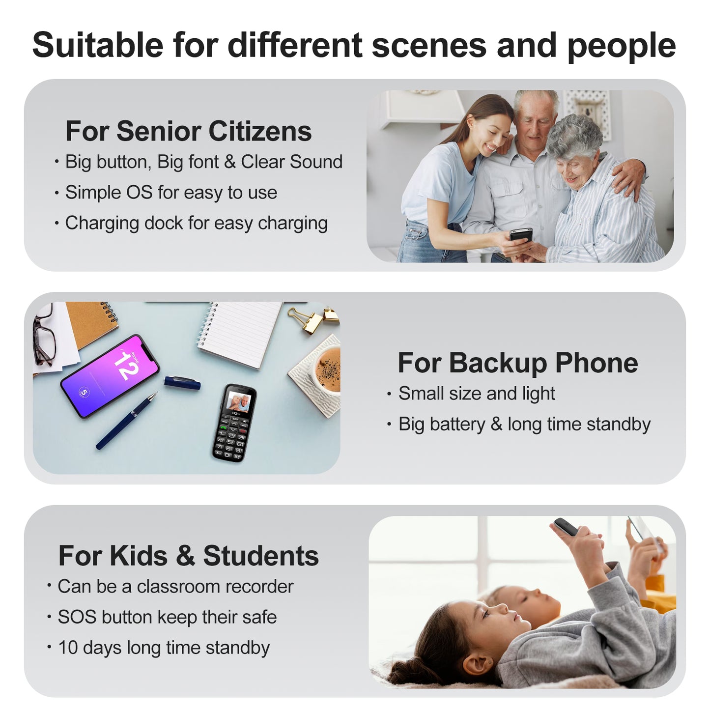 HCMOBI RS1 Unlocked Elderly Mobile Phone, SOS,4G-LTE Big Button Cell Phone for Seniors,Loud Speaker Dual SIM Senior Phone with Bluetooth5.0,1000mAh Large Capacity, FM,10 Days Standby, Type-C (Black)