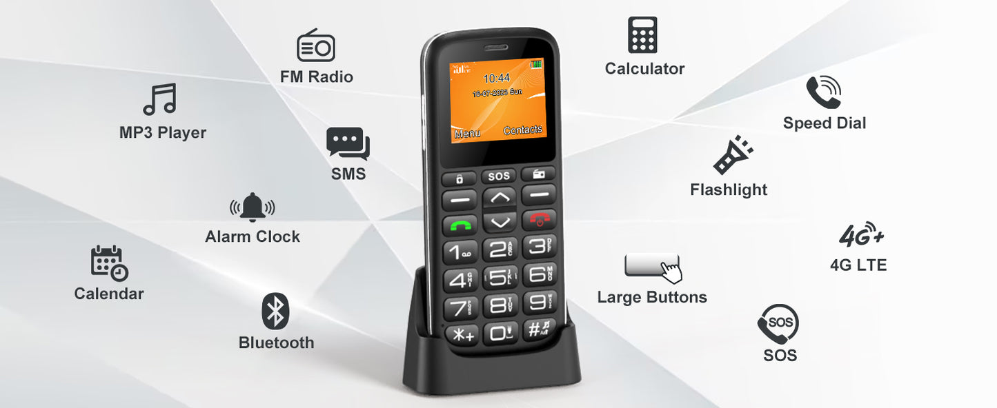 HCMOBI RS1 Unlocked Elderly Mobile Phone, SOS,4G-LTE Big Button Cell Phone for Seniors,Loud Speaker Dual SIM Senior Phone with Bluetooth5.0,1000mAh Large Capacity, FM,10 Days Standby, Type-C (Black)